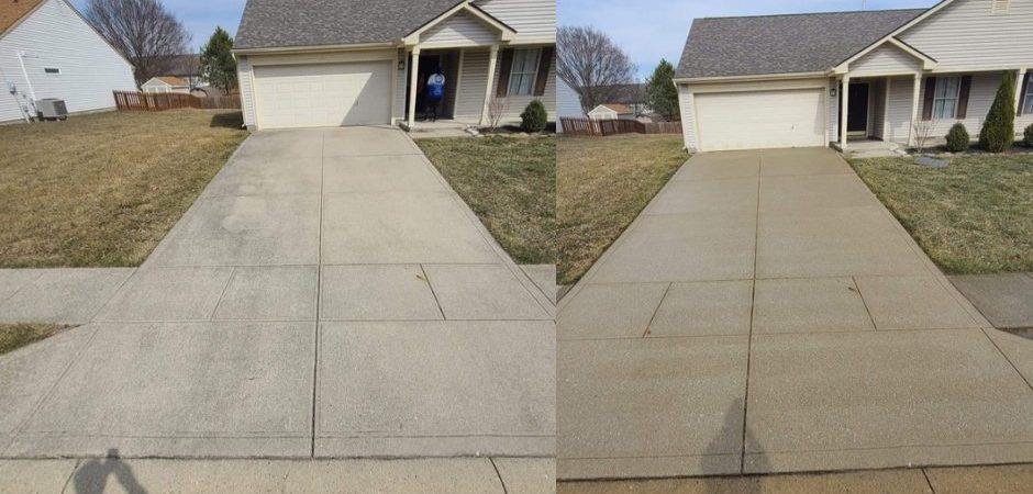 A Lakeland concrete driveway before and after cleaning and sealing