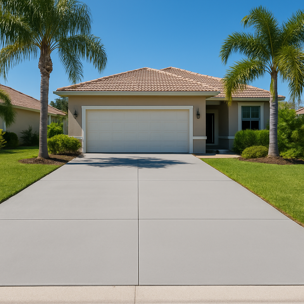 A clean, freshly pressure-washed concrete driveway in Lakeland, FL