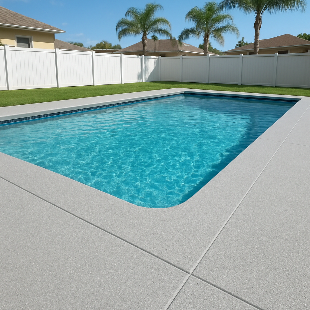 A resurfaced concrete pool deck with a cool, slip-resistant finish in Lakeland, FL