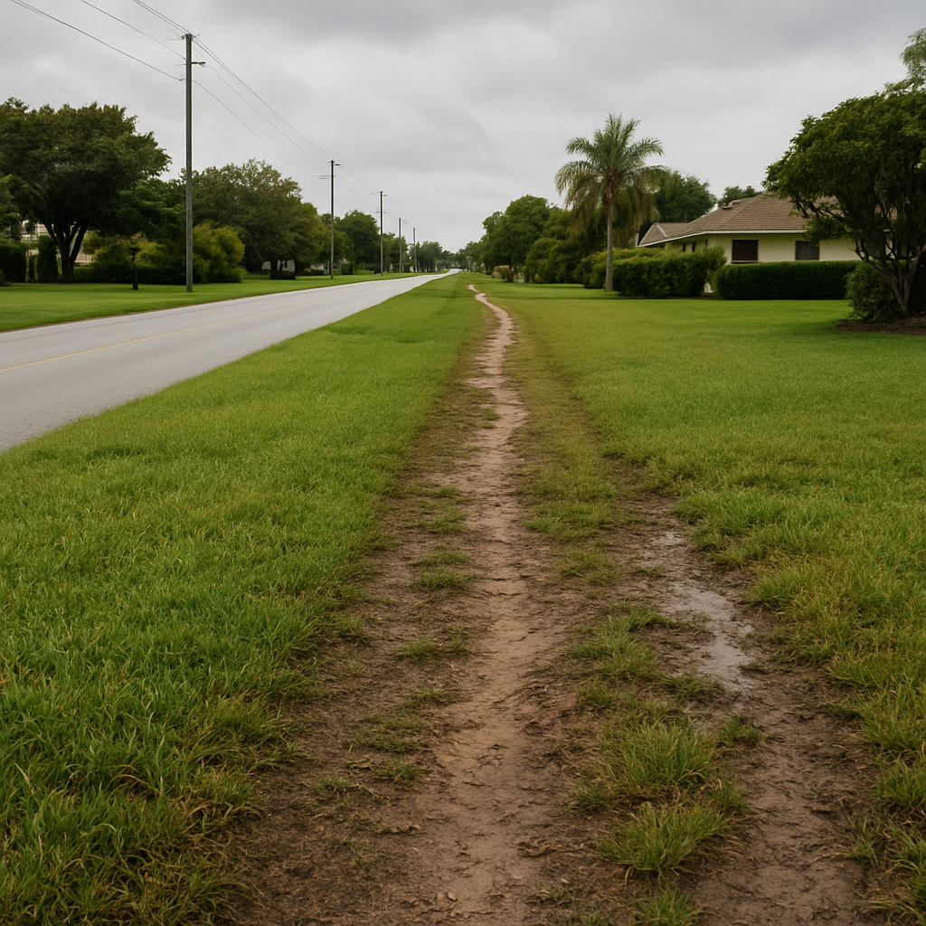 No sidewalk, just worn grass path
