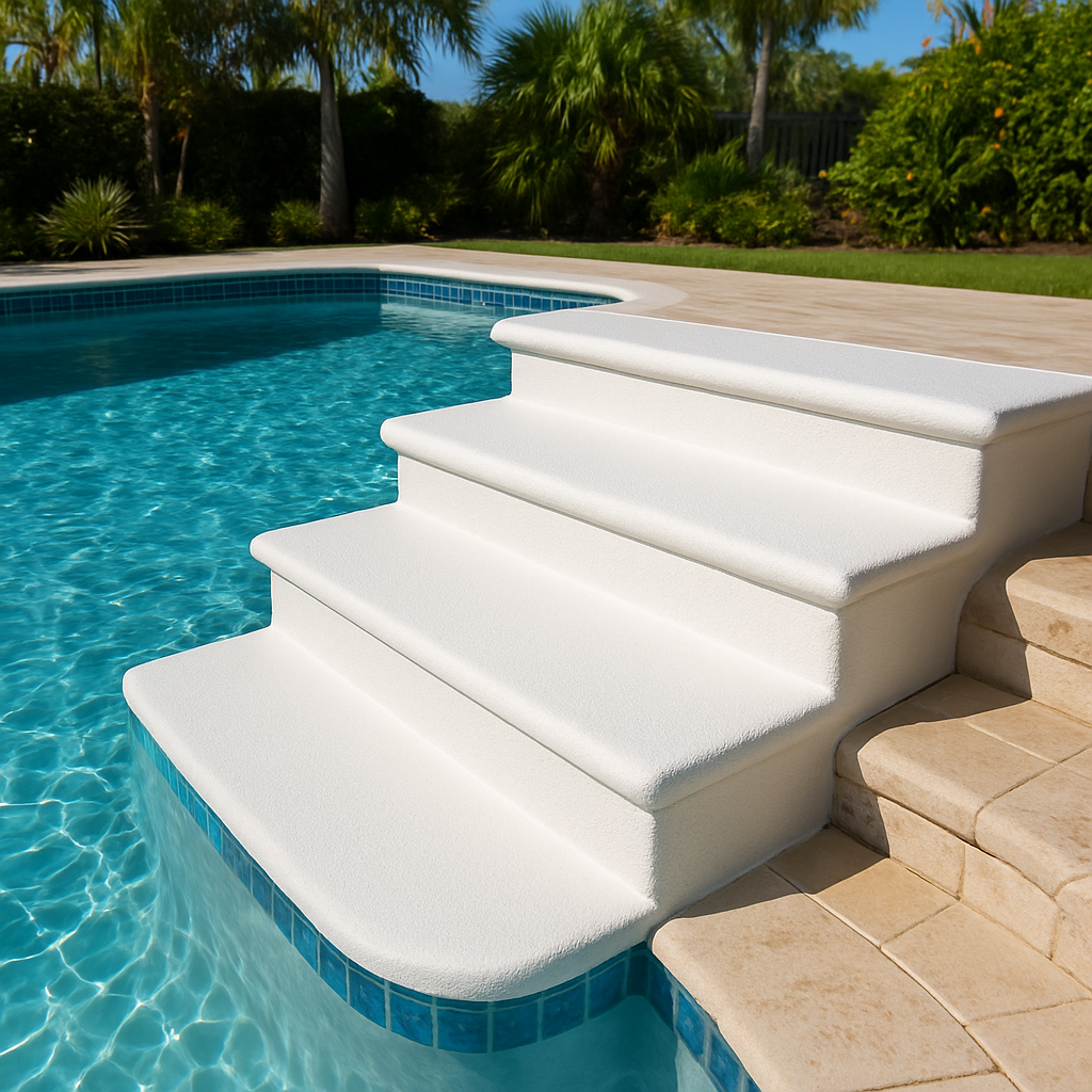 Resurfaced pool stairs like new