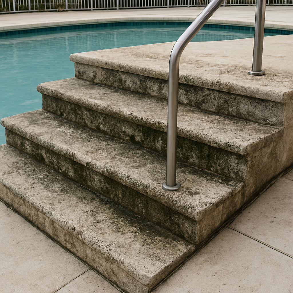 Weathered pool stairs before resurfacing